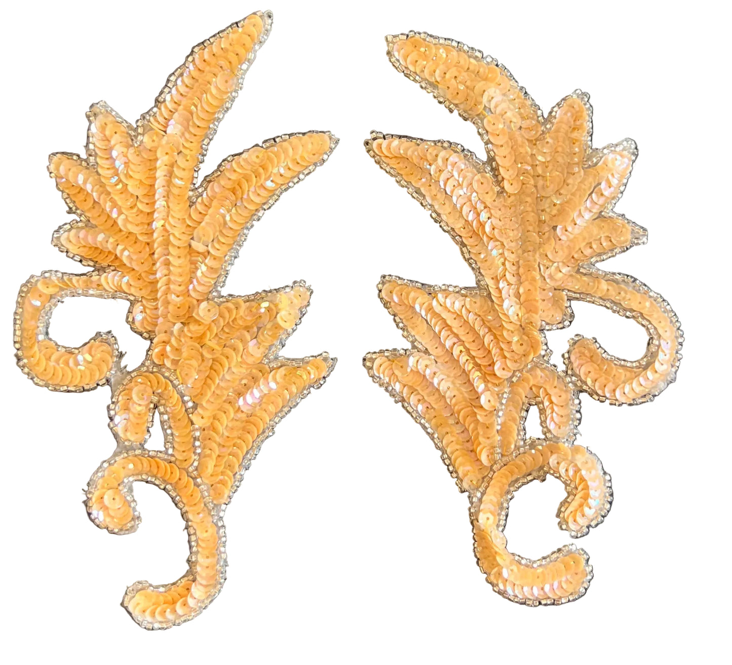 Leaf Pair - Peach Sequins - Silver Beads 7.25" x 4"