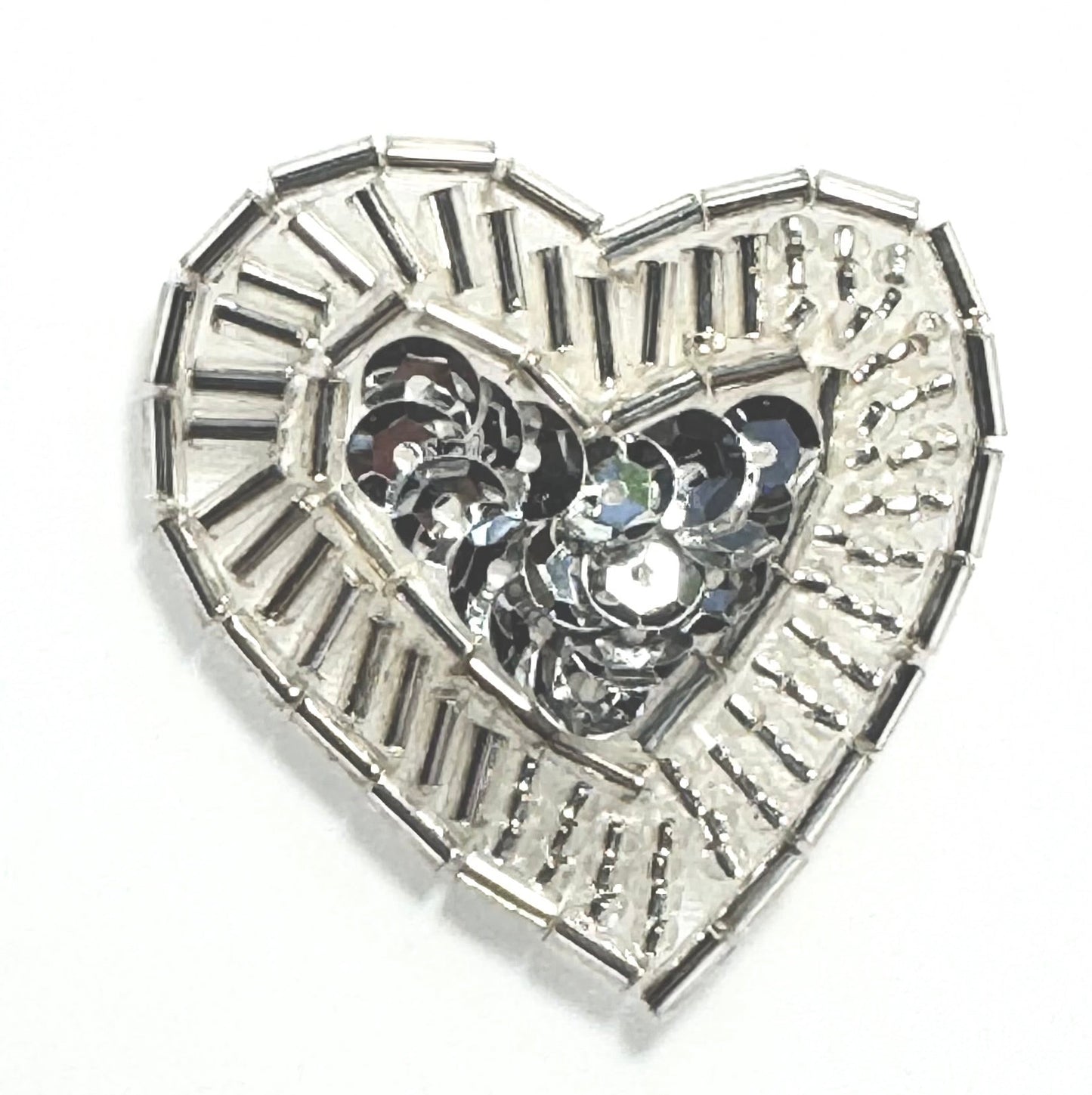 Heart Appliqué - Silver Sequin Center - Silver Beads 1.5" x 1.5"