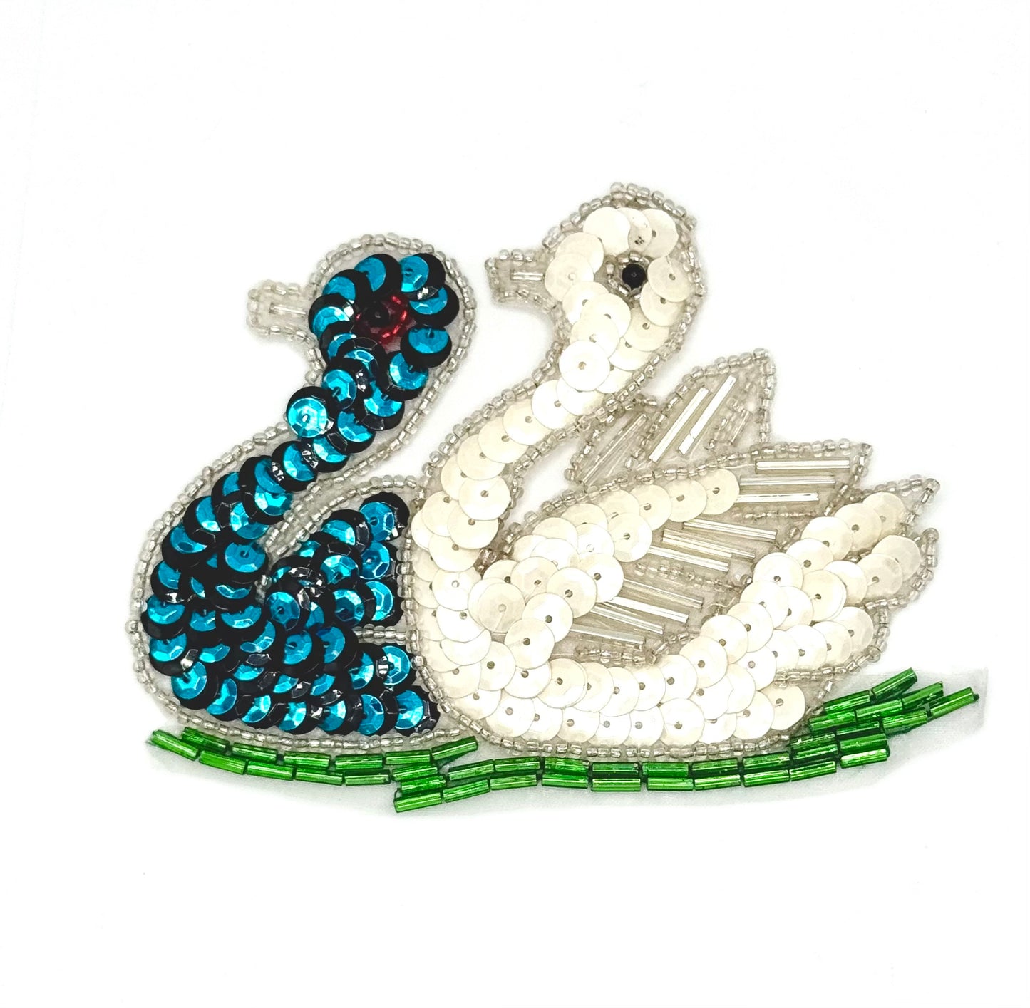 Sequin Swans - White and Turquoise Sequins- Green Glass Beads 4.25" x 3"