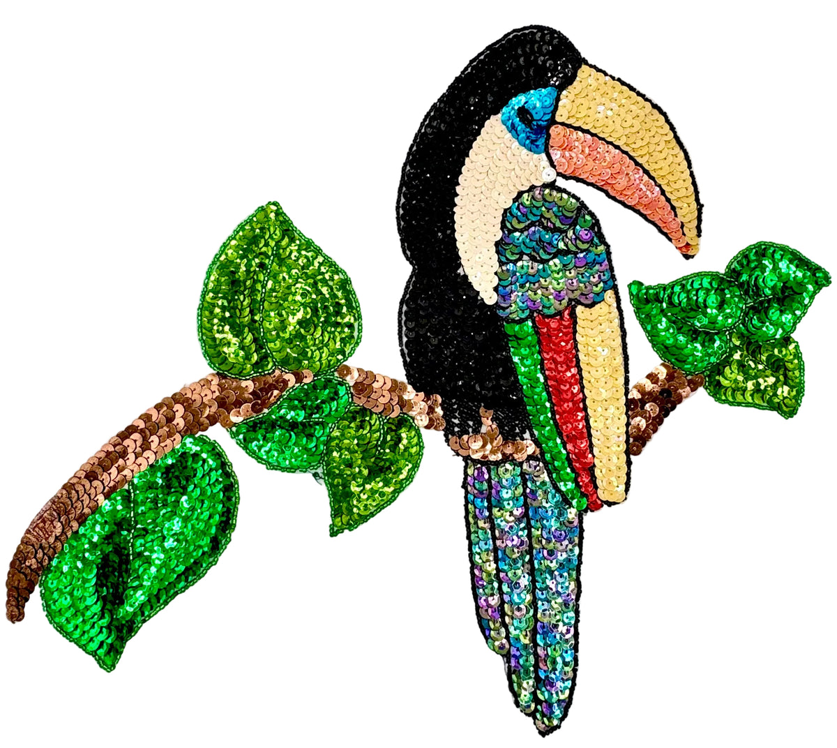Colorful Sequined toucan bird with green leaves on a white background