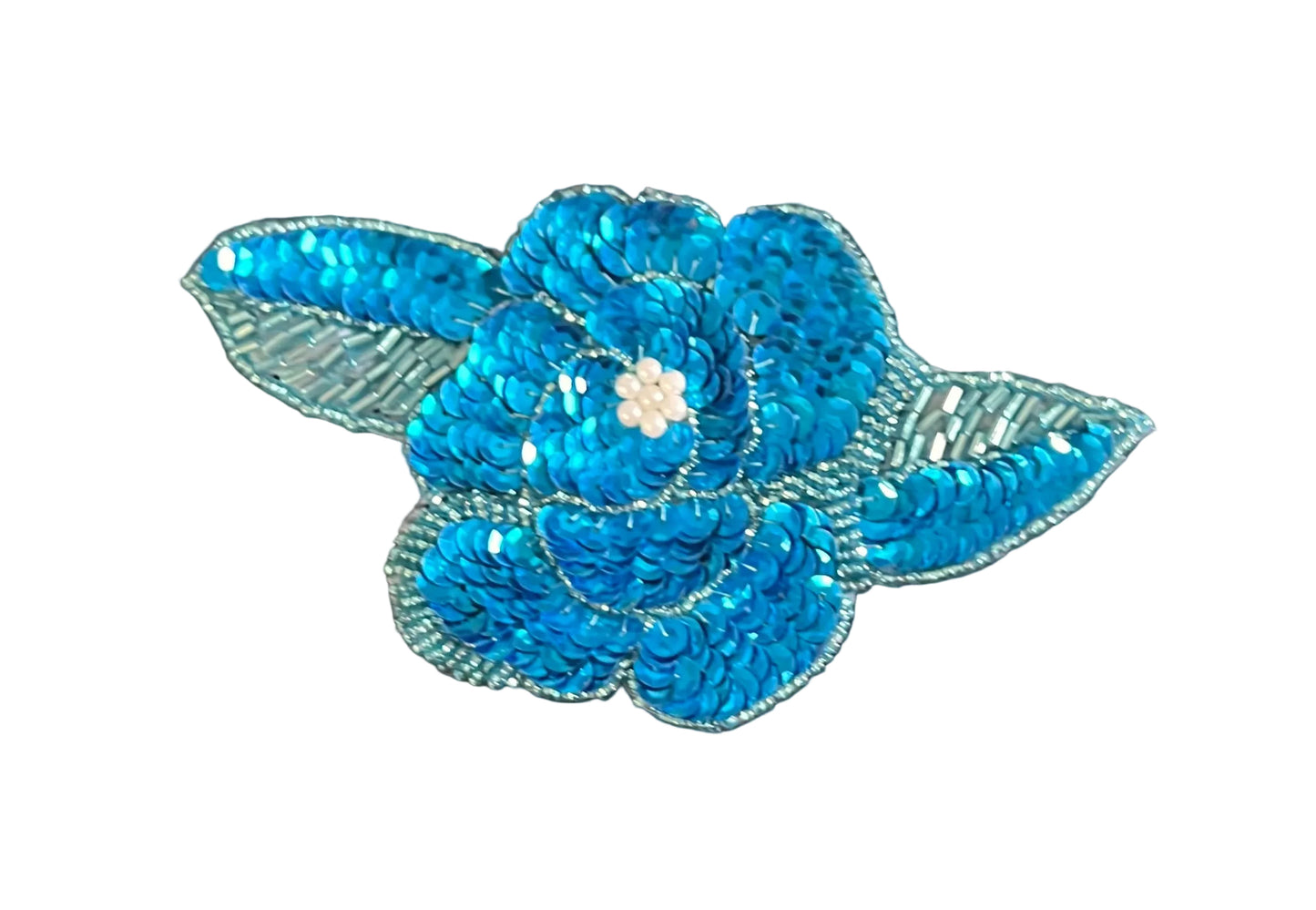 Flower Appliqué Handmade with Turquoise Sequins and Beads with Pearl Center 6" x 3"