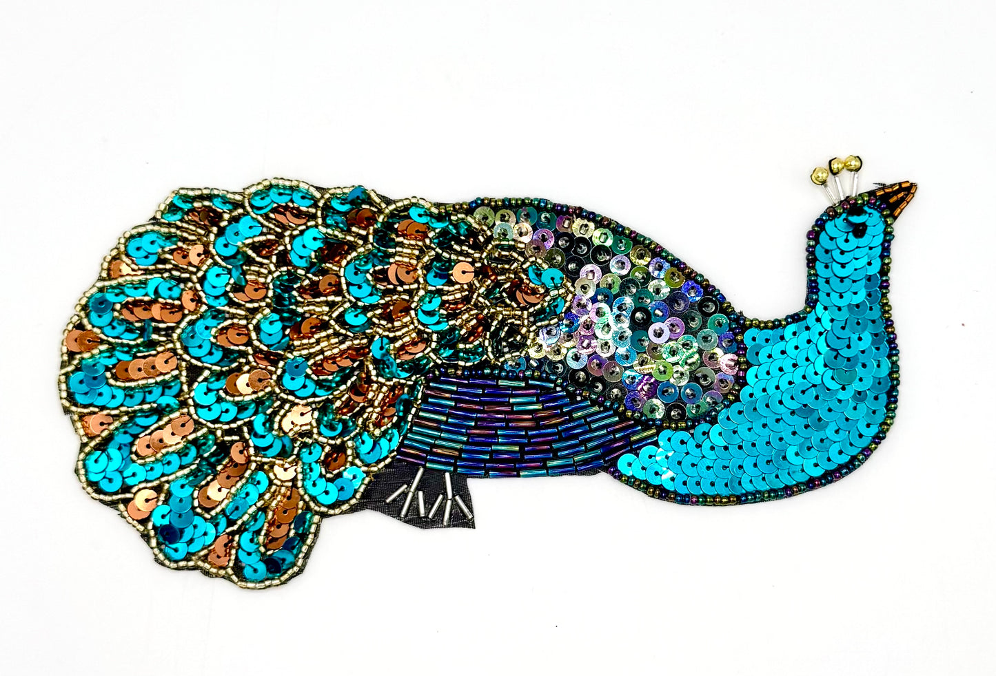 Turquoise Peacock with Multicolored Sequins and Beads 7.75” x 3.5”