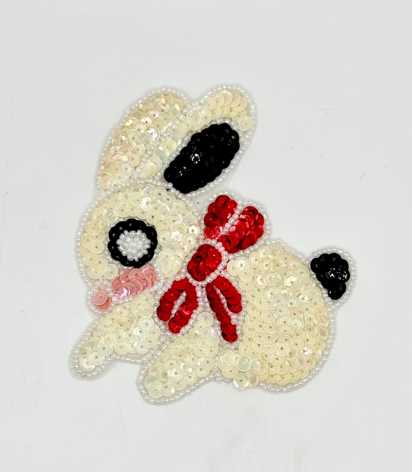 Sequin Bunny Rabbit with Red Bow - Multi-Colored Sequins and Red Bow 4" x 3.75"