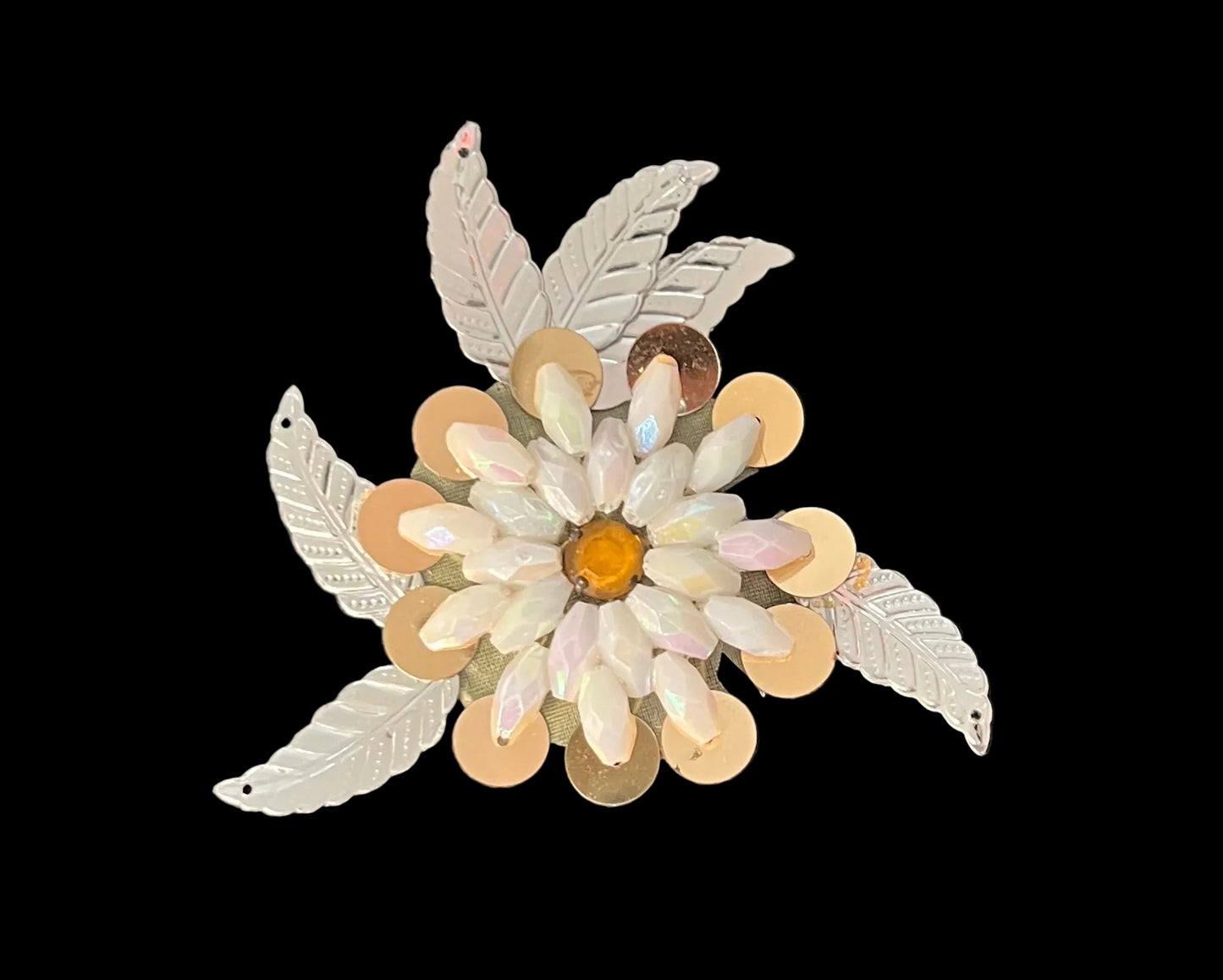 Flower with Silver and Gold Sequins and White Beads with a Center Gold Rhinestone 3" x 3"