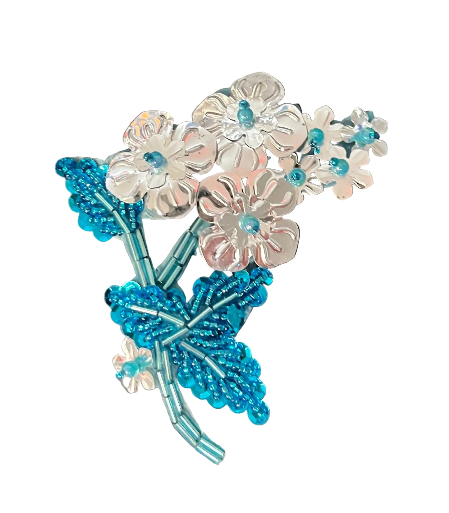 Flower Appliqué with Silver Sequins and Turquoise Beads 2" x 3.5"
