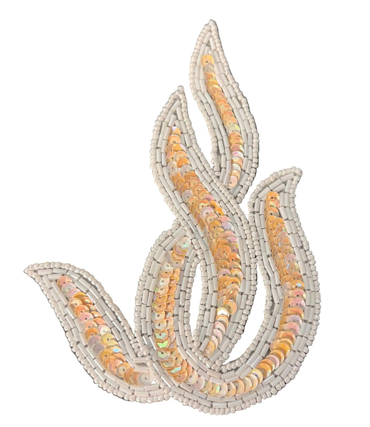 Beige & White Sequin and Beaded Leaf Swirl Appliqué – 6" x 4.25"