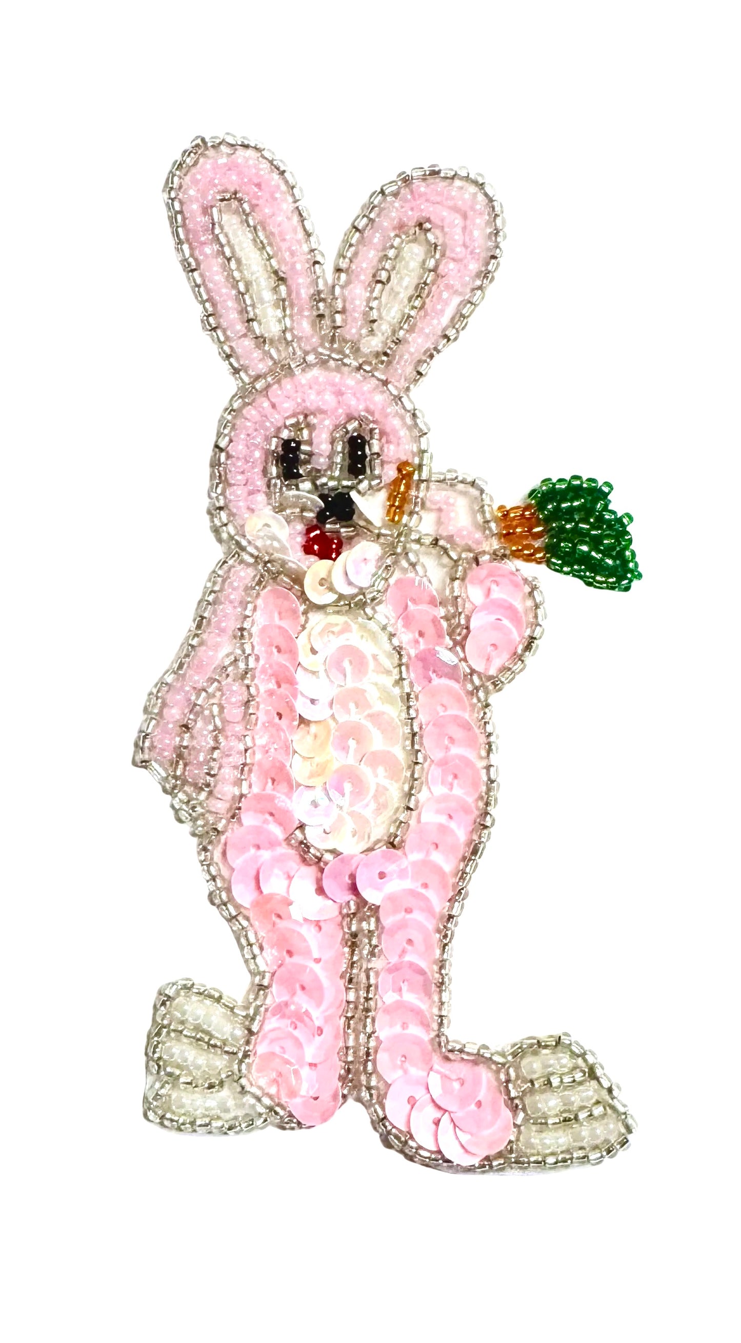 Pink and White Handmade Easter Rabbit Appliqué with a Carrot Sequins and Beaded 4.75" x 2.25"