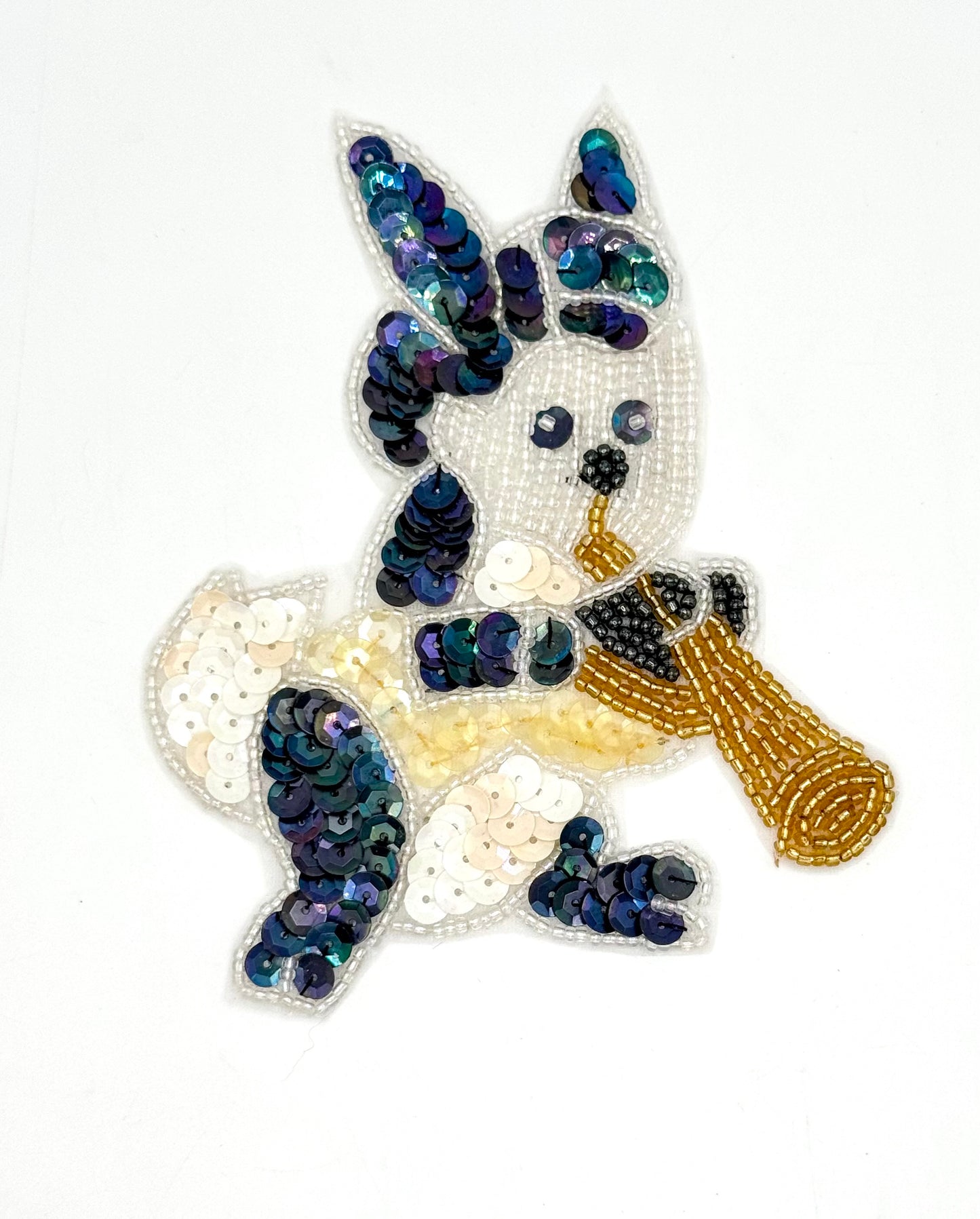 Rabbit with Bowler Hat Playing Horn with Multicolored Sequins and Beads 5" x 4"