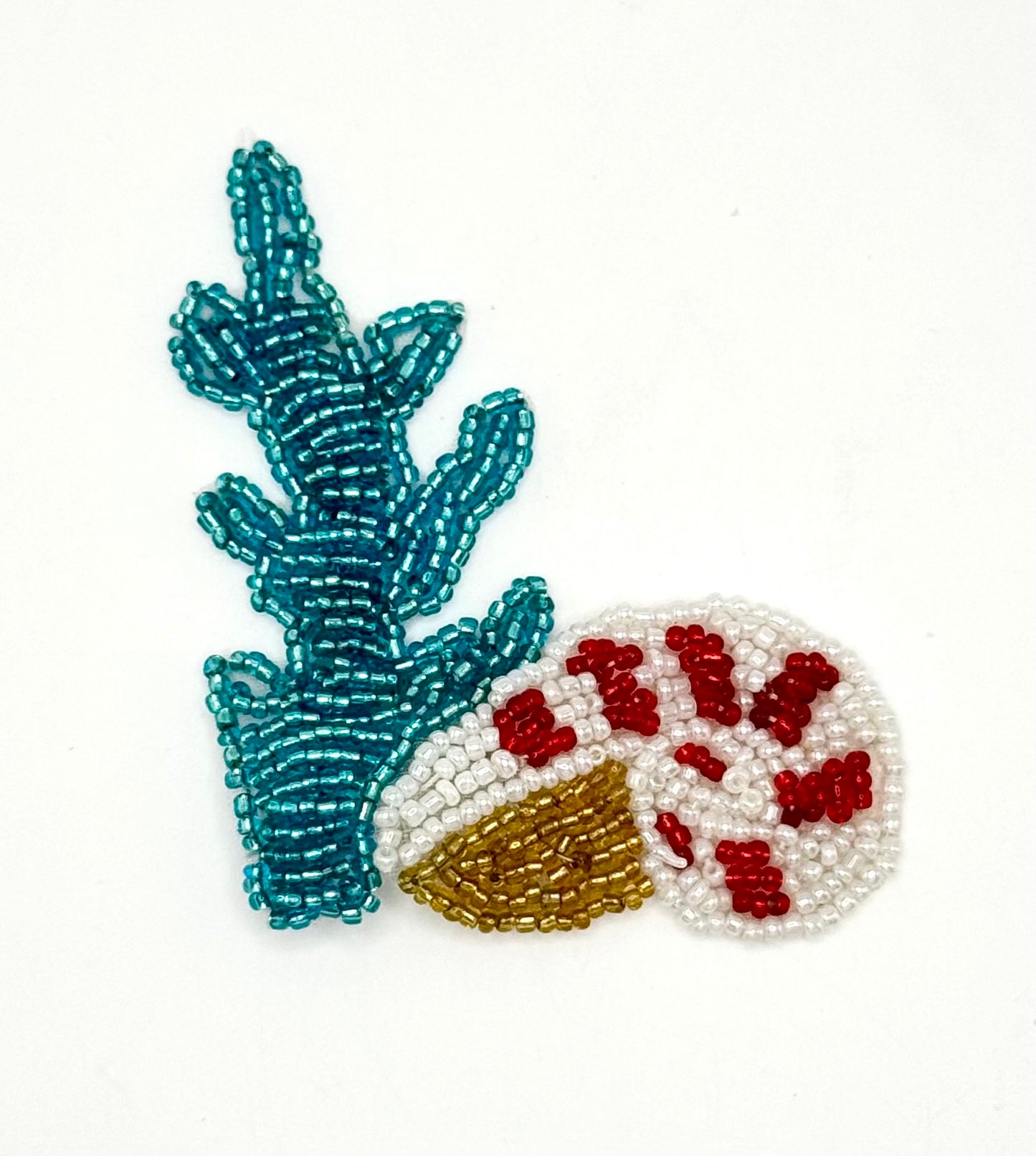 Seaweed and Shell Appliqué - Turquoise/White/Red/Gold Beads 3" X 2.75"-