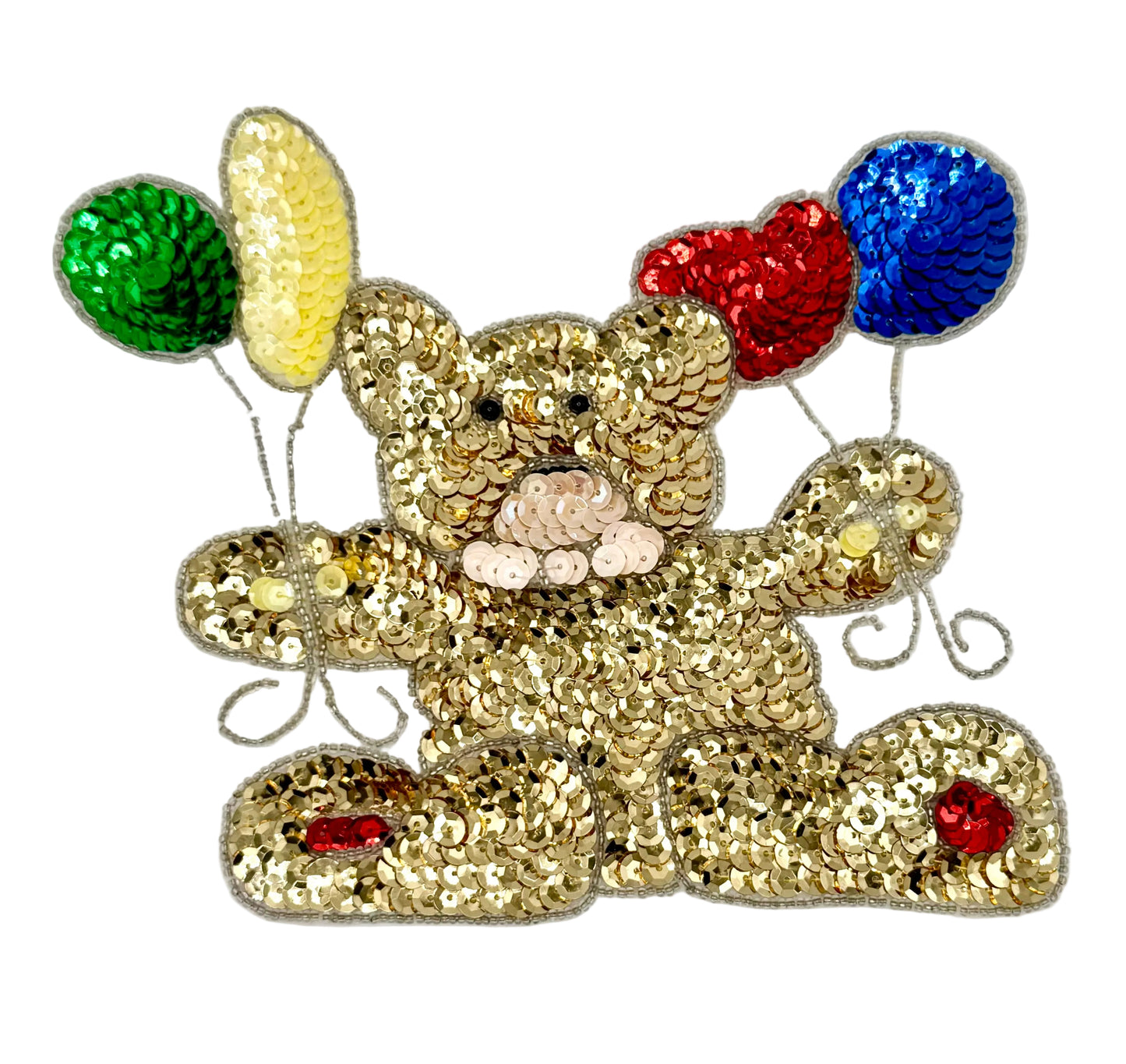 Sequined teddy bear with colorful balloons on a white background