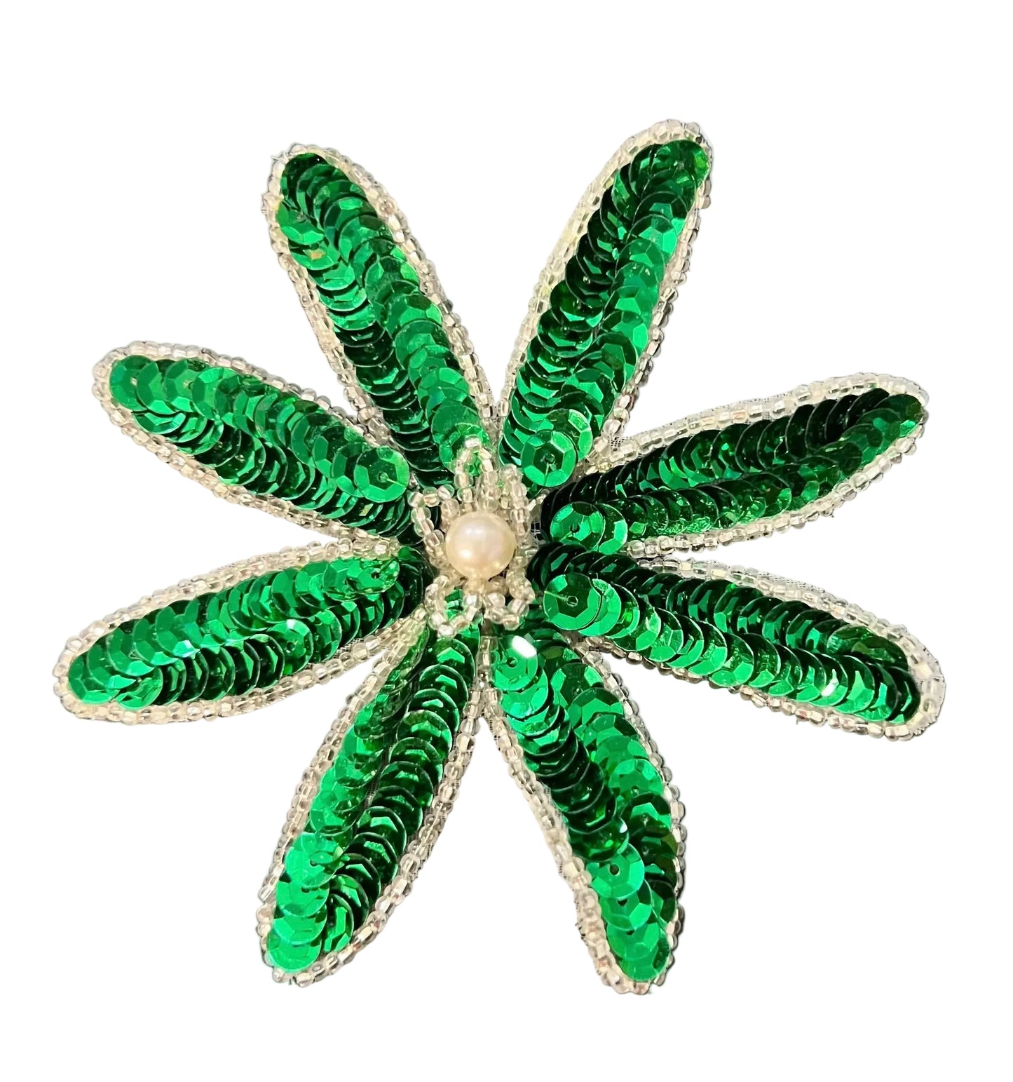Green Sequin & Silver Bead Flower Appliqué – Pearl Bead Center, 4.25" x 4.25"