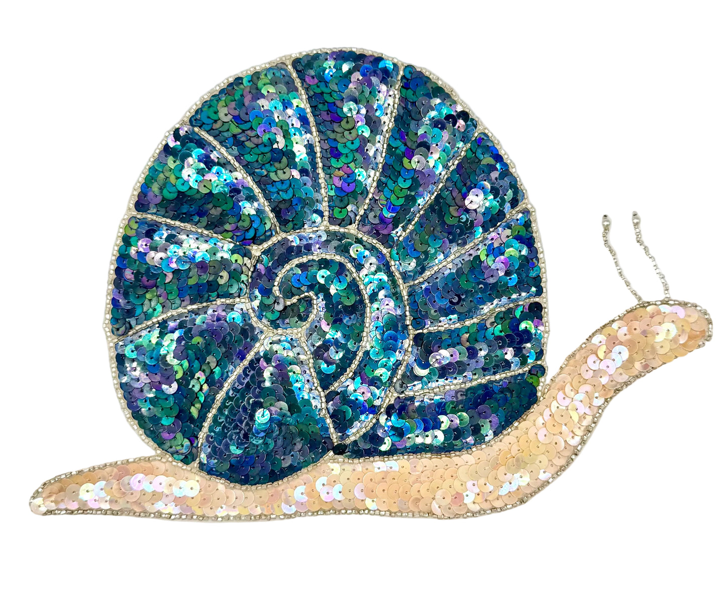 Sequined snail patch with blue and gold shell on a white background