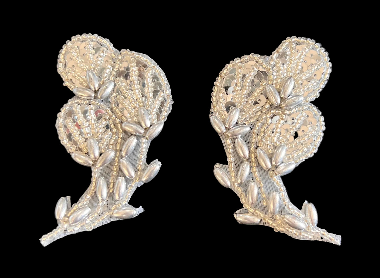 Flower Pair with Silver Sequins and Beads 1.5" x 3"