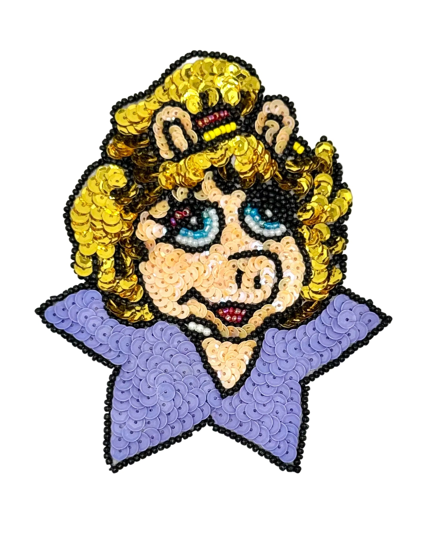 Sequined patch of a pig with blonde hair and a purple outfit on a white background