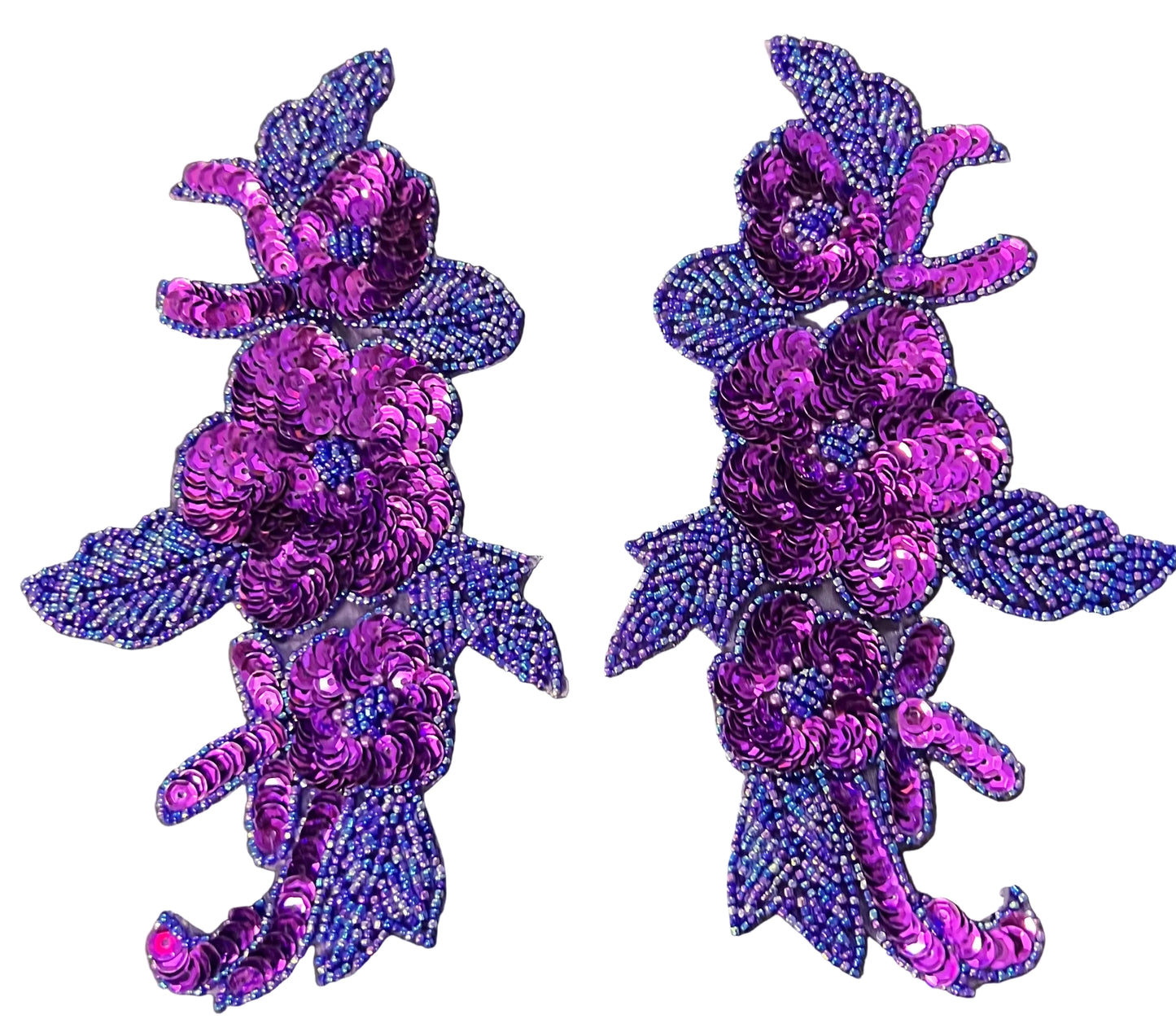 Flower Pair with Purple Sequins and Beaded Leaves 7.5" x 4.5" Choice of Bead Color: Blue Iridescent or Mauve