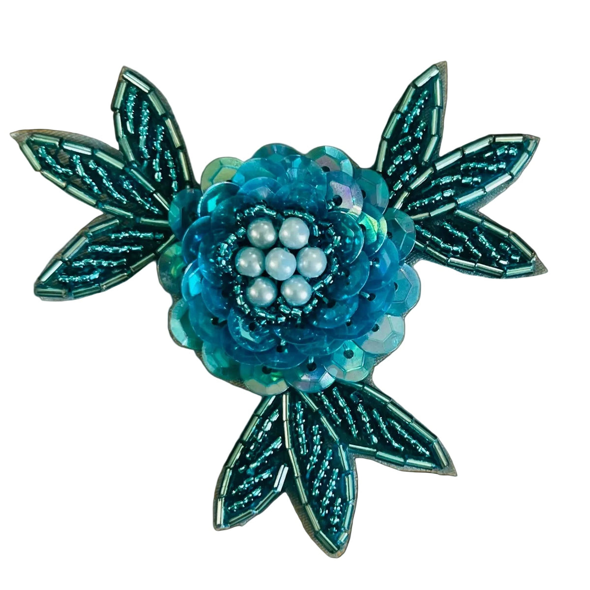 Aplicación floral con lentejuelas y abalorios turquesa de 7,5 cm