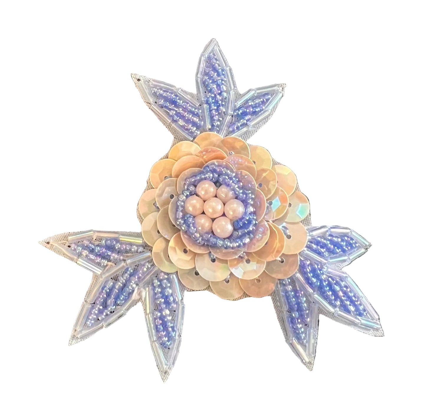 Aplicación de Flores con Lentejuelas Grises y Azul Claro, Cuentas y Perlas de Imitación 3"