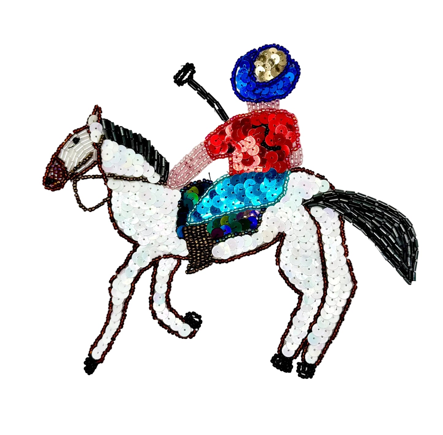 Sequined horse and polo player on a white background