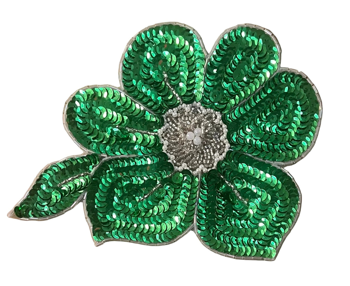 Green Sequin Flower Appliqué with Glass & Pearl Beads, 7.5" x 5.75"