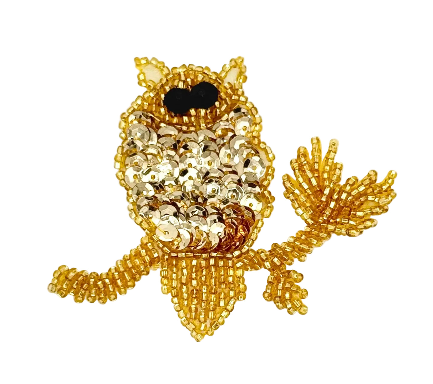 Gold beaded owl patch on a white background