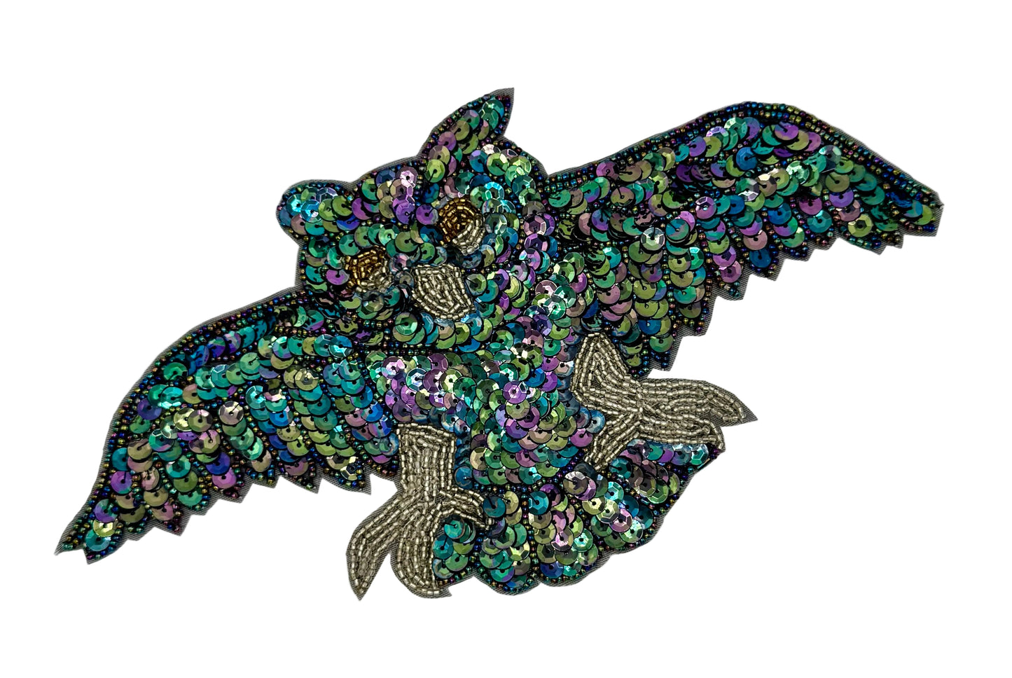 Aplicación de búho volador - Lentejuelas y abalorios Moonlight 10" x 5"