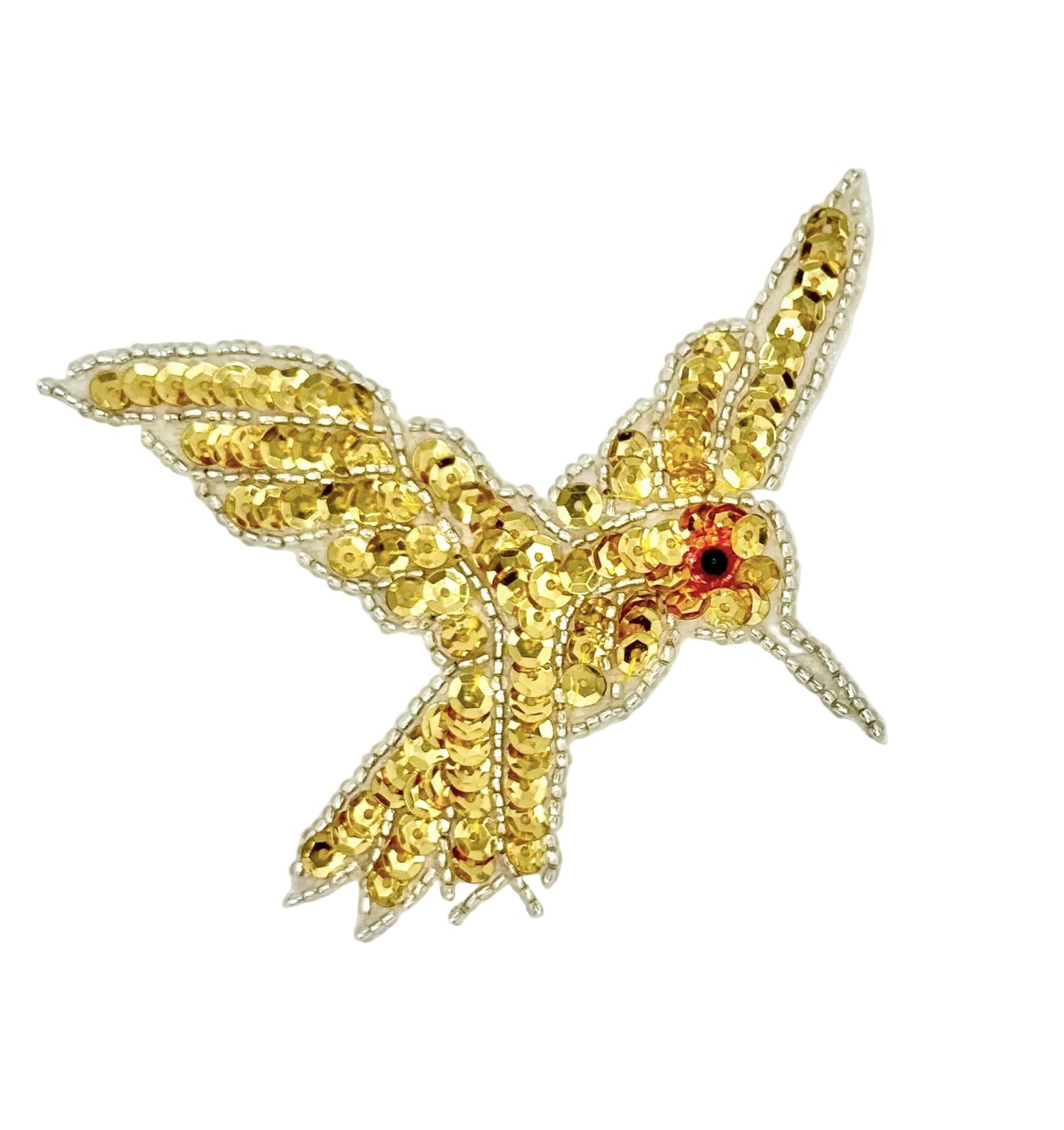 Gold sequin hummingbird patch on a white background