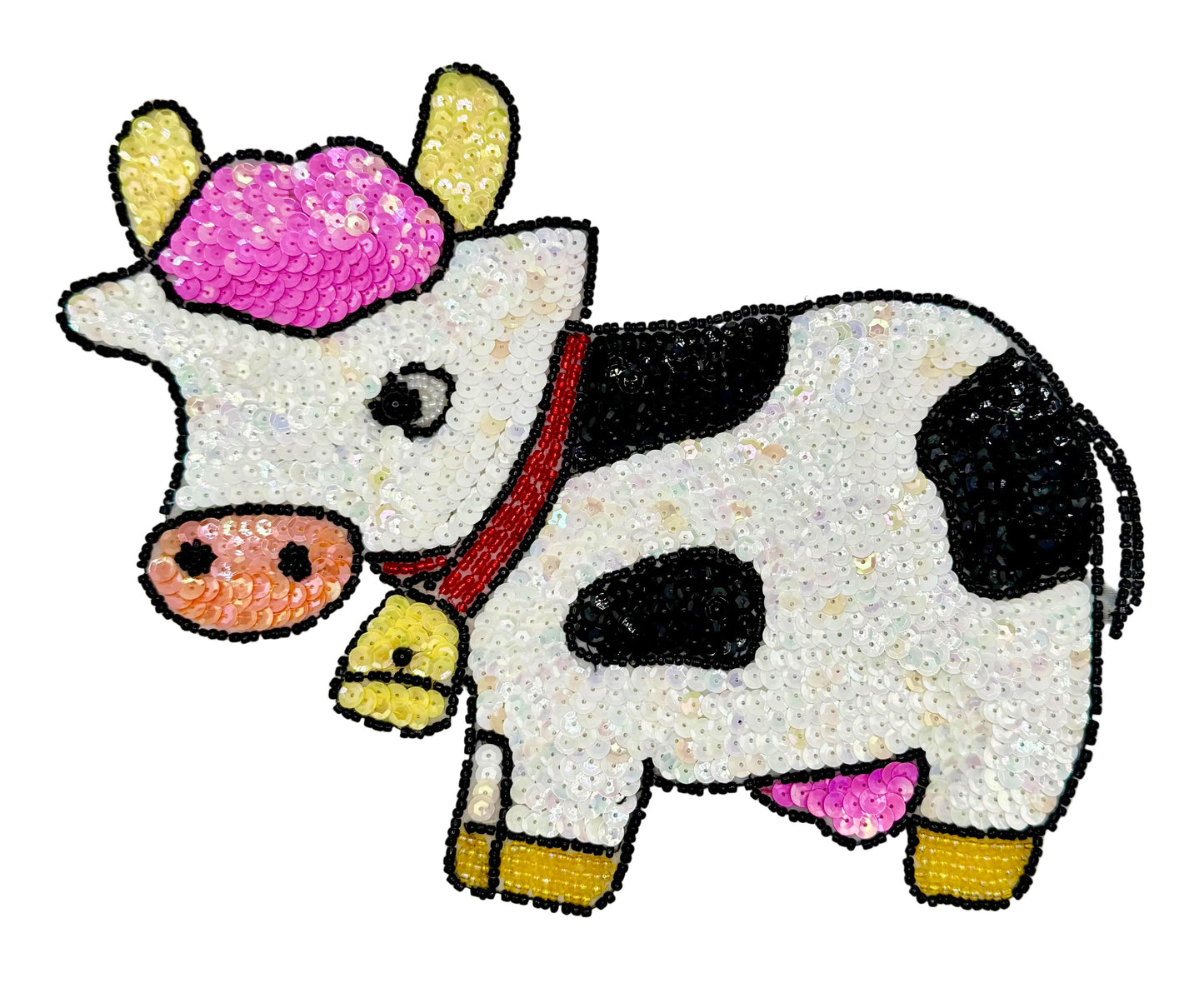 Colorful cartoon cow with a pink hat on a white background