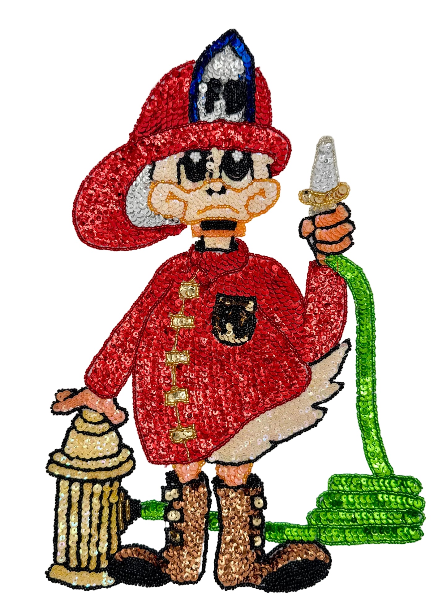 Sequin patch of a cartoon firefighter character holding a hose and standing next to a fire hydrant.