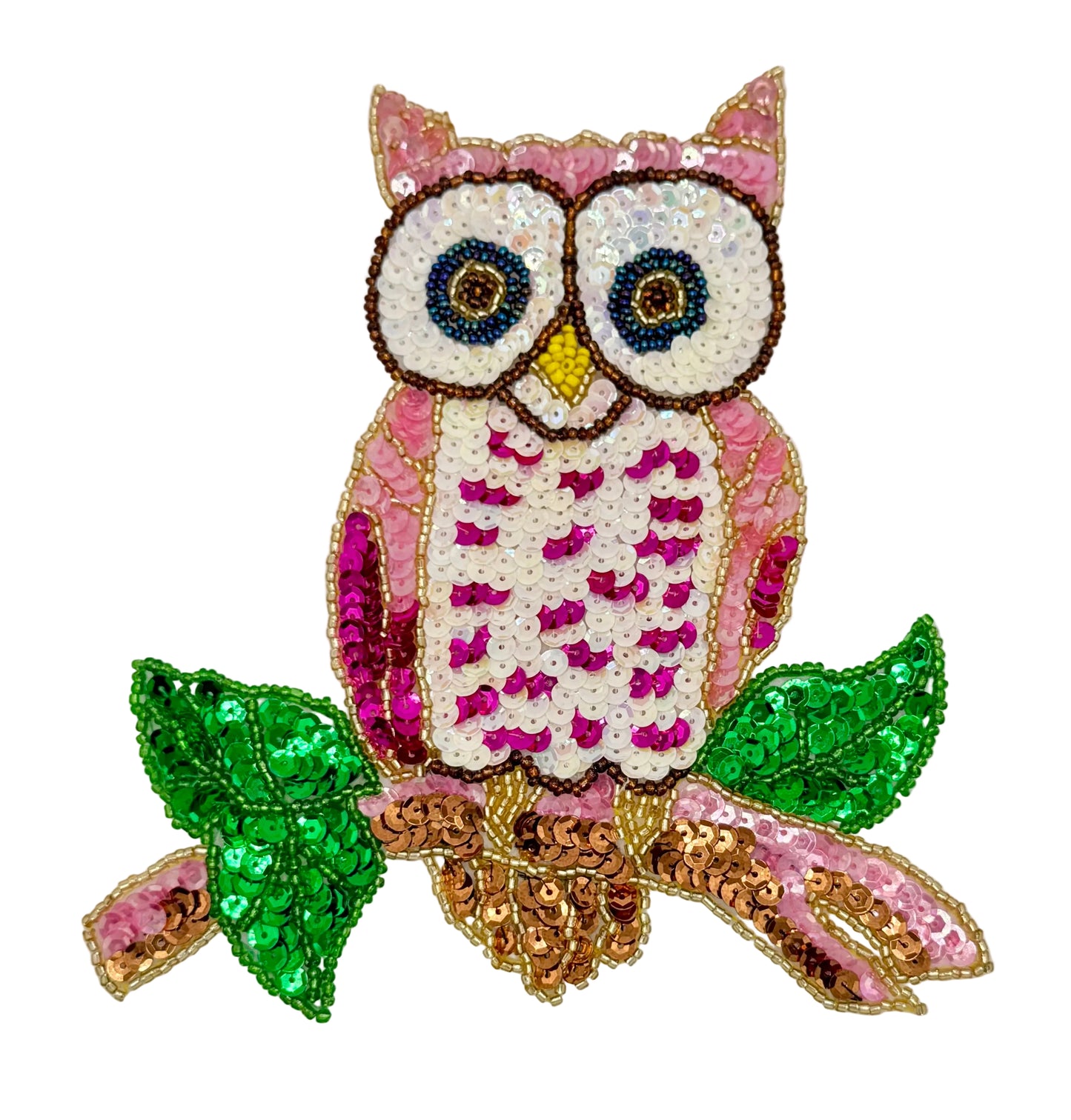 Sequined owl design on a white background