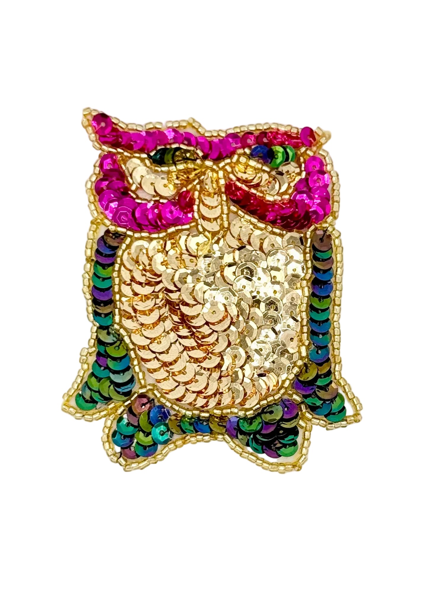 Sequined owl design on a white background