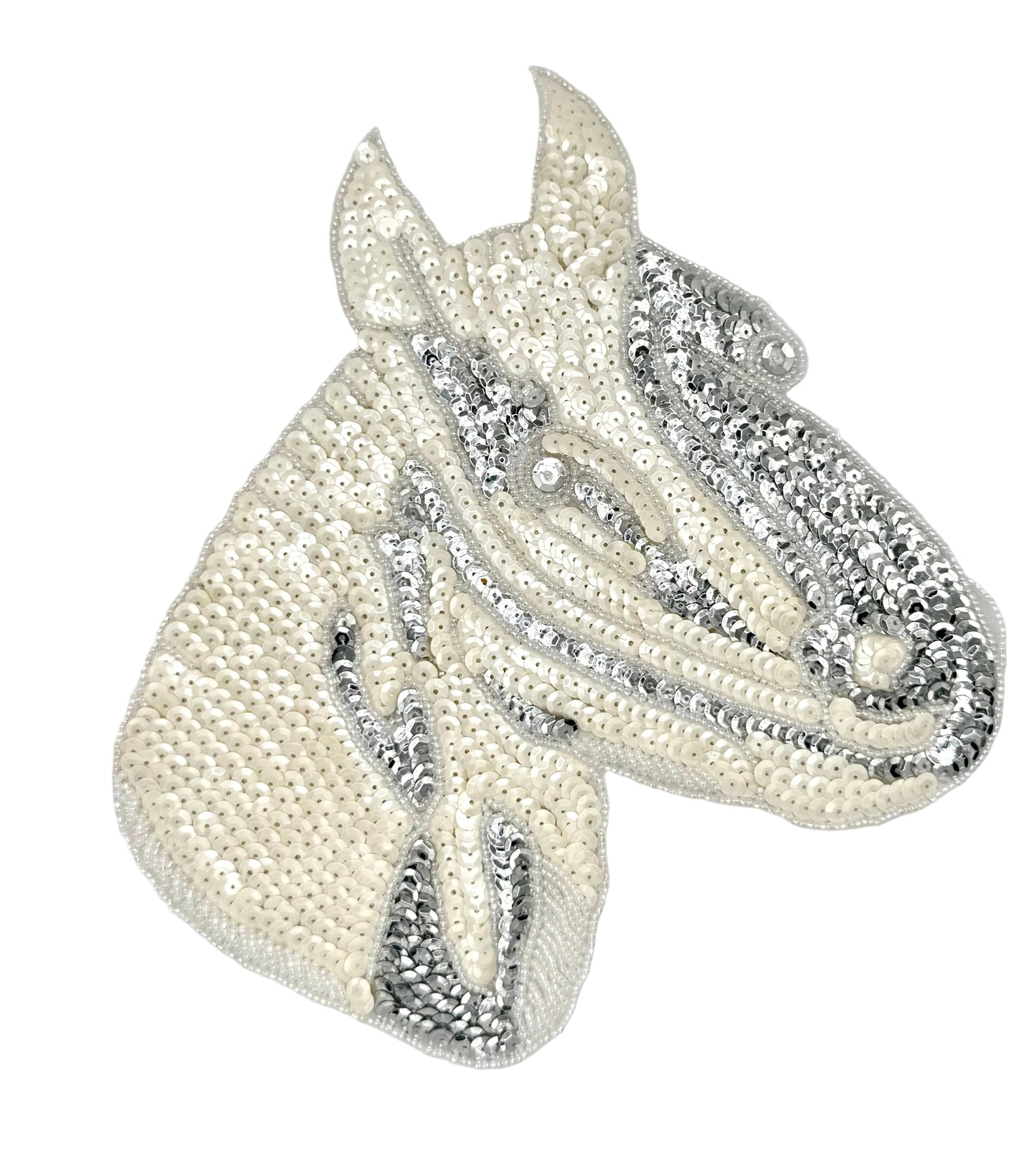 Decorative horse head patch with sequins and beads on a white background