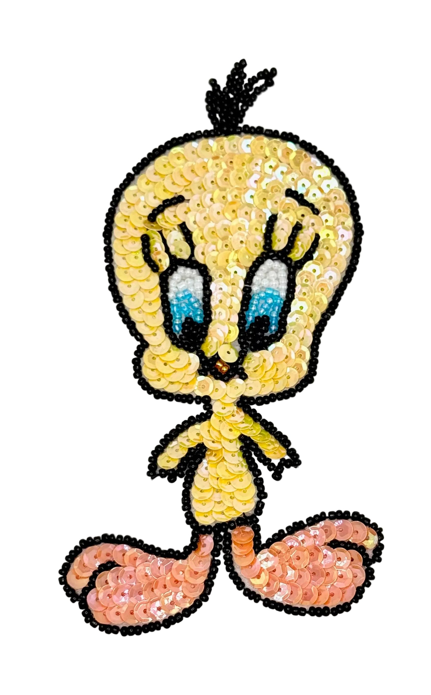 Sequined yellow bird character on a white background
