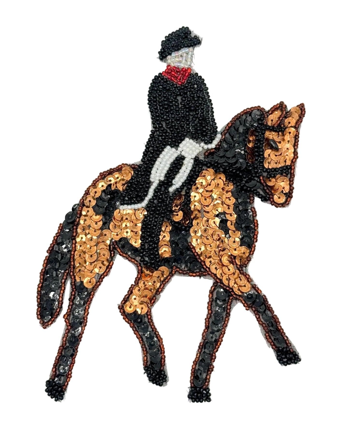 Sequined patch of a horse and rider on a white background