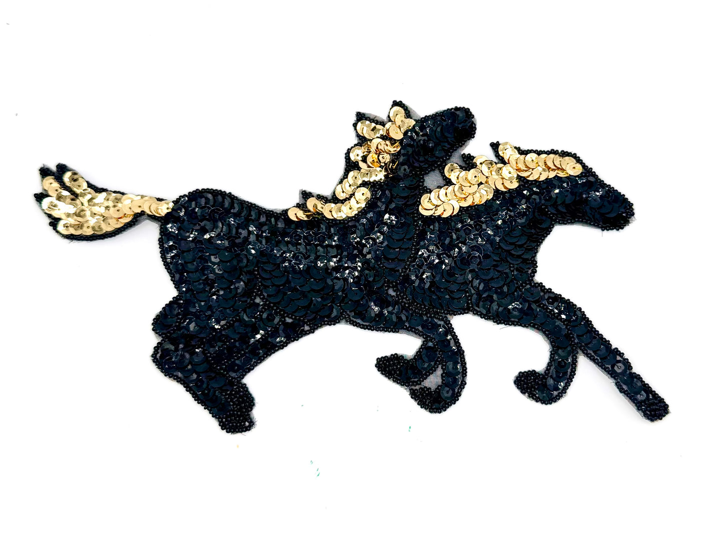 Double Horses Running - Black and Gold Sequins and Beads 9.75" x 5.75"
