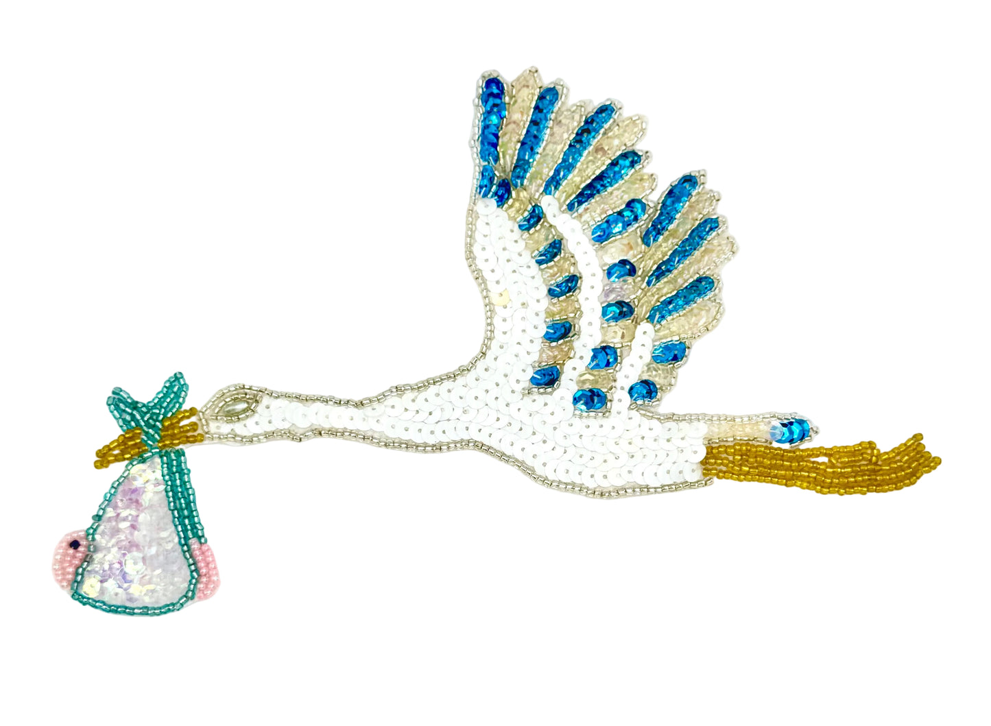Stork and baby bundle with turquoise and white feathers on a white background