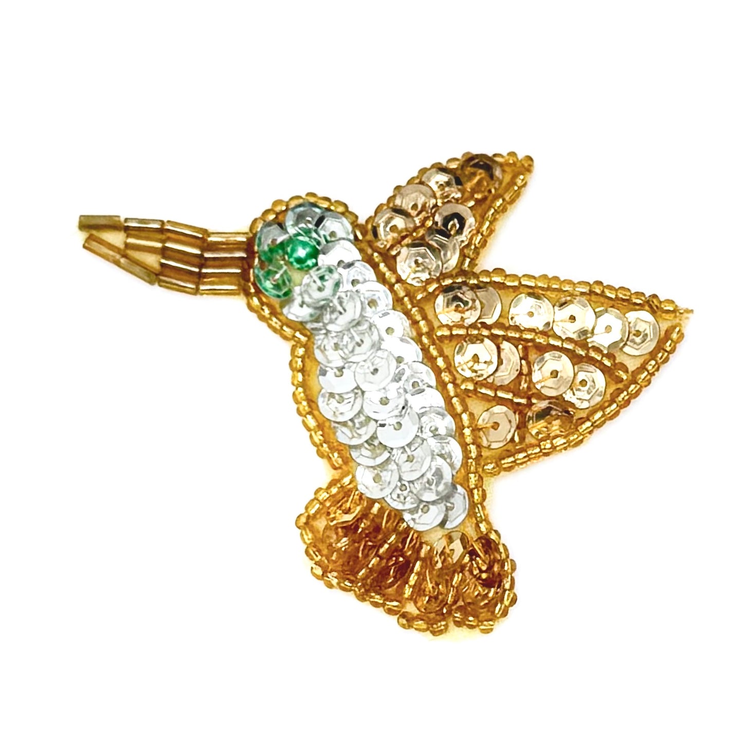 Vintage Hummingbird with Silver and Gold Sequins and Gold and Green Beads - 2 Sizes