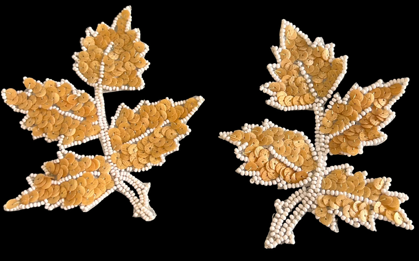 Leaf Pair with Tan Sequins and White Beads 5" x 4"