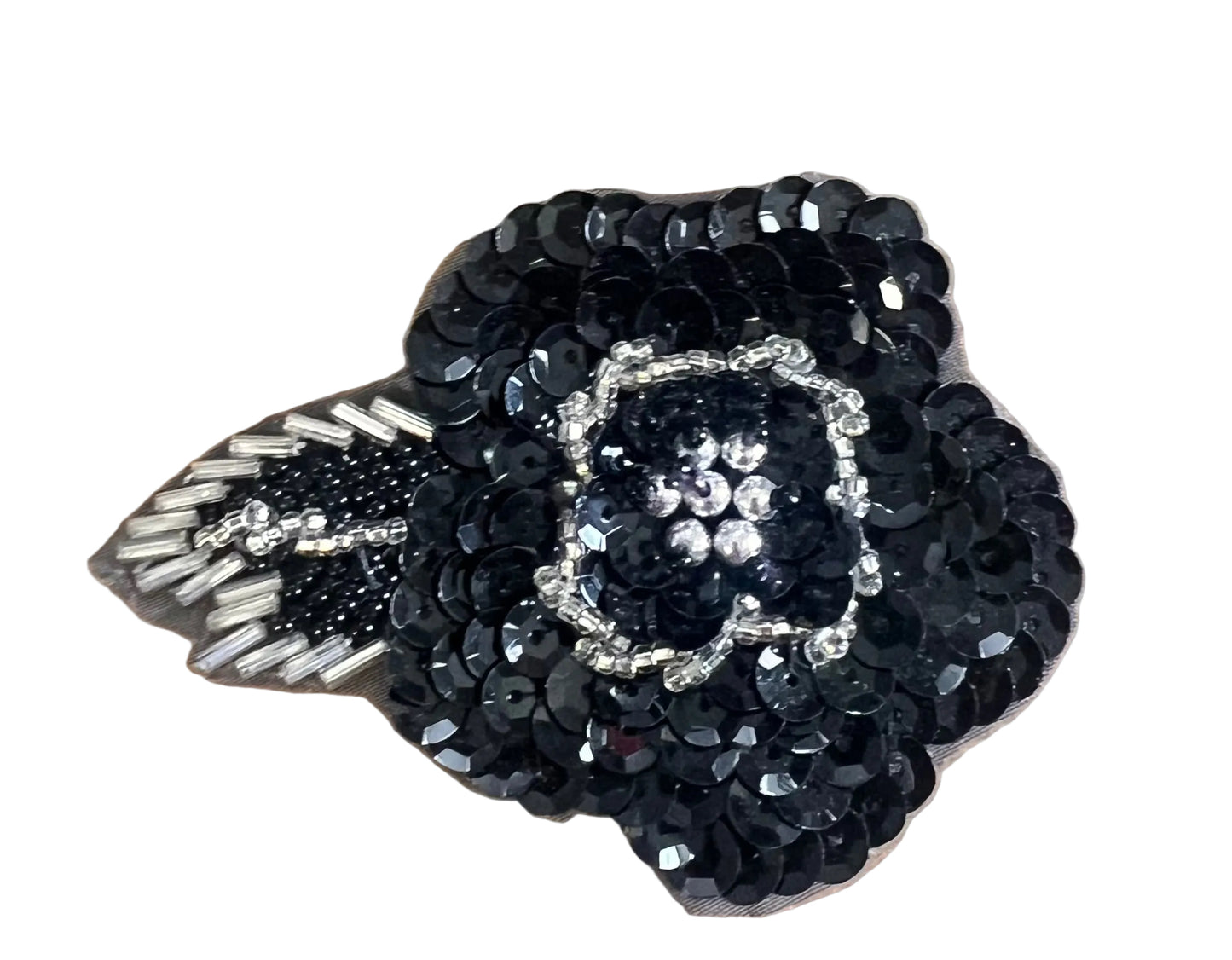 Flower with Black Sequins and Silver Beading 3.5" x 2.5"