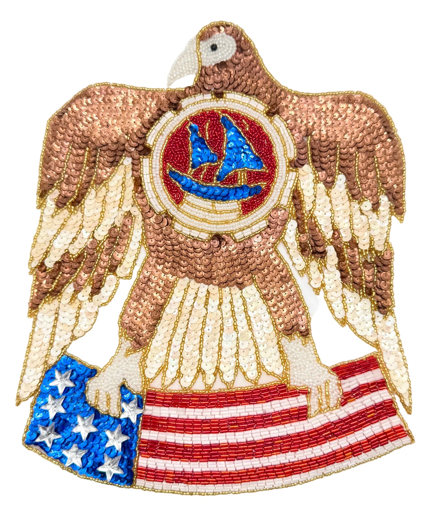 Decorative patch of an eagle holding an American flag on a white background