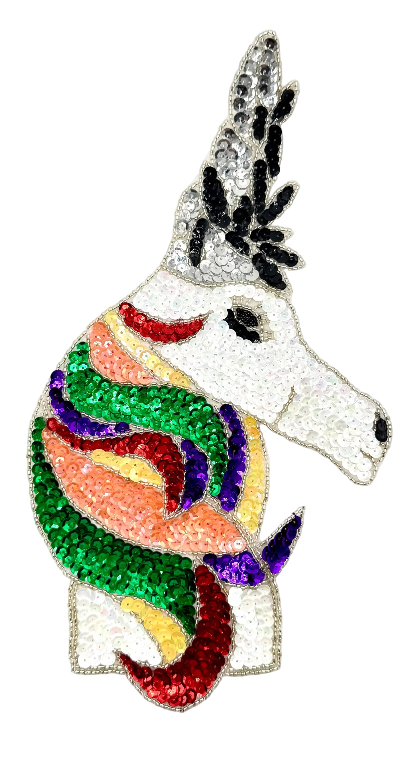 Colorful unicorn patch with sequin and bead embellishments on a white background