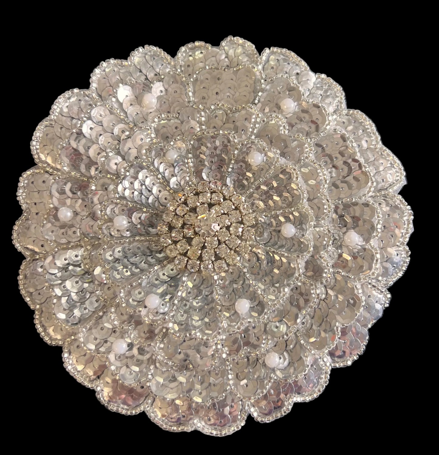 Flower with Three Layers - Silver Sequins, Silver Beads, White Pearls and a Center with a Cluster of Rhinestones 5.5”