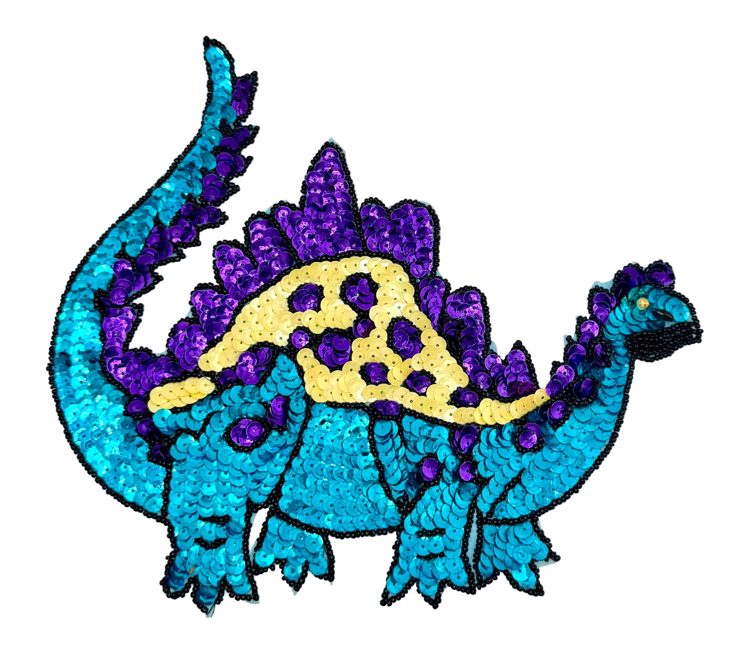 Sequined dinosaur patch with blue and purple colors on a white background