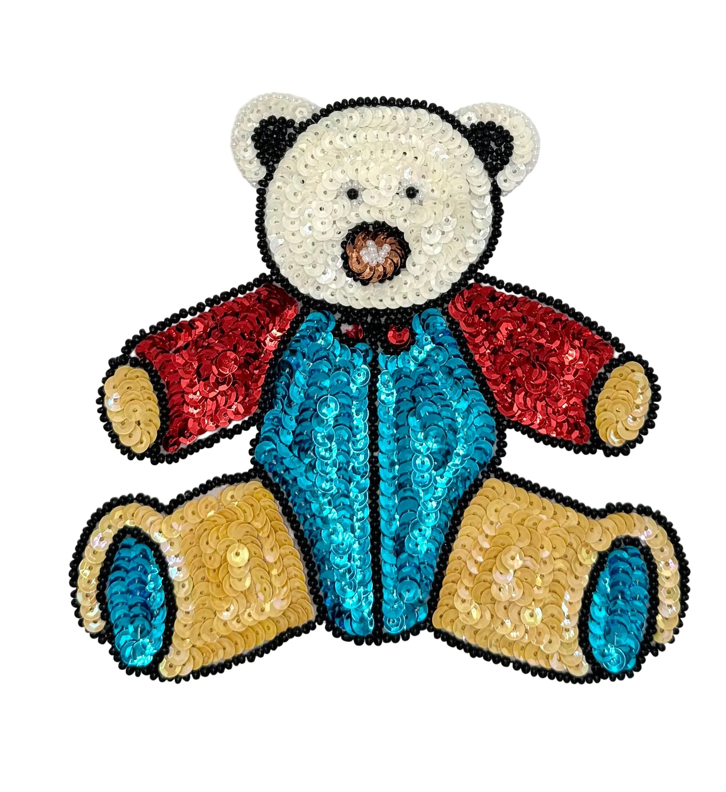 Sequined teddy bear patch with red, blue, and gold colors on a white background