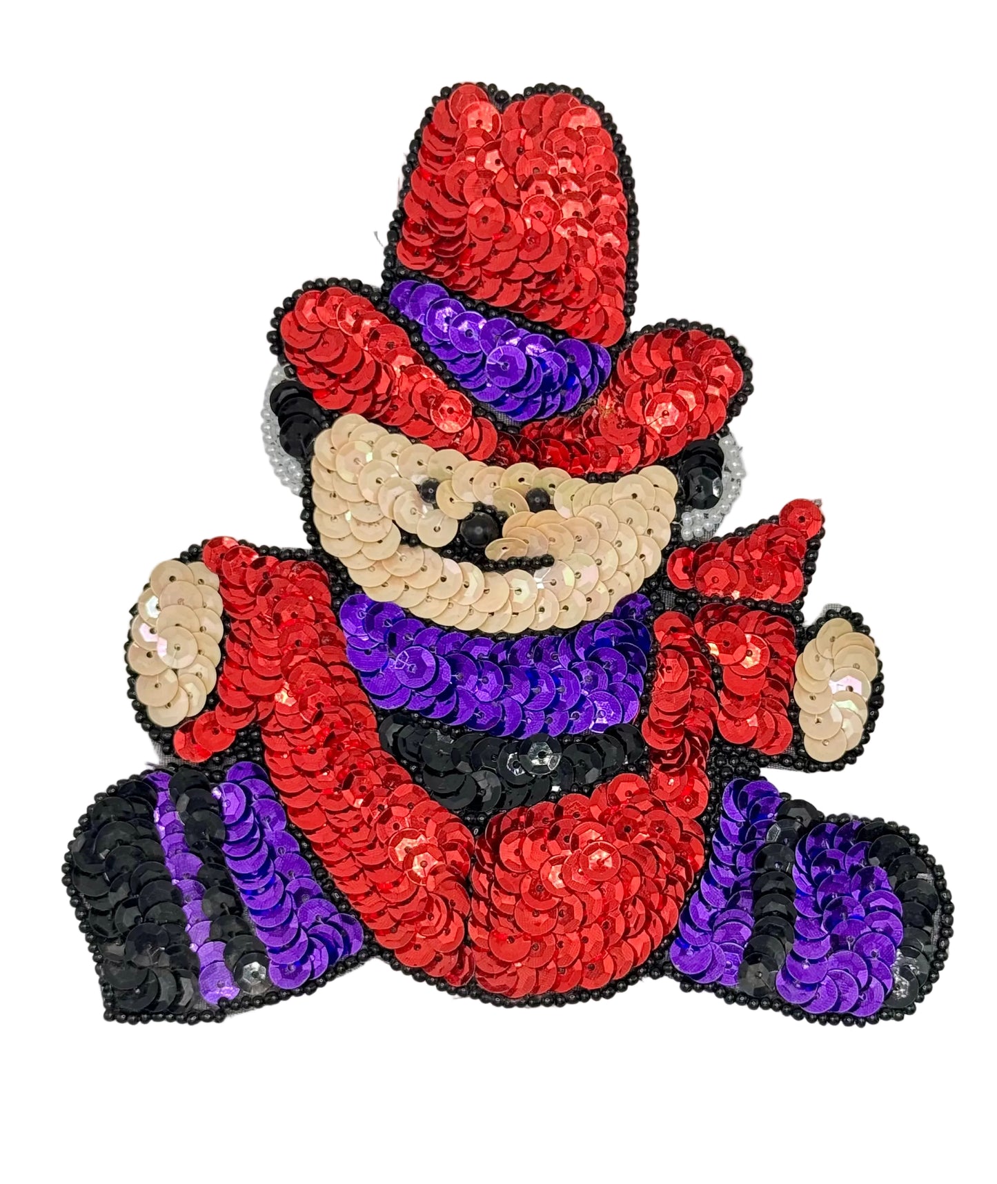 Sequined cowboy bear patch with red, purple, and black colors on a white background