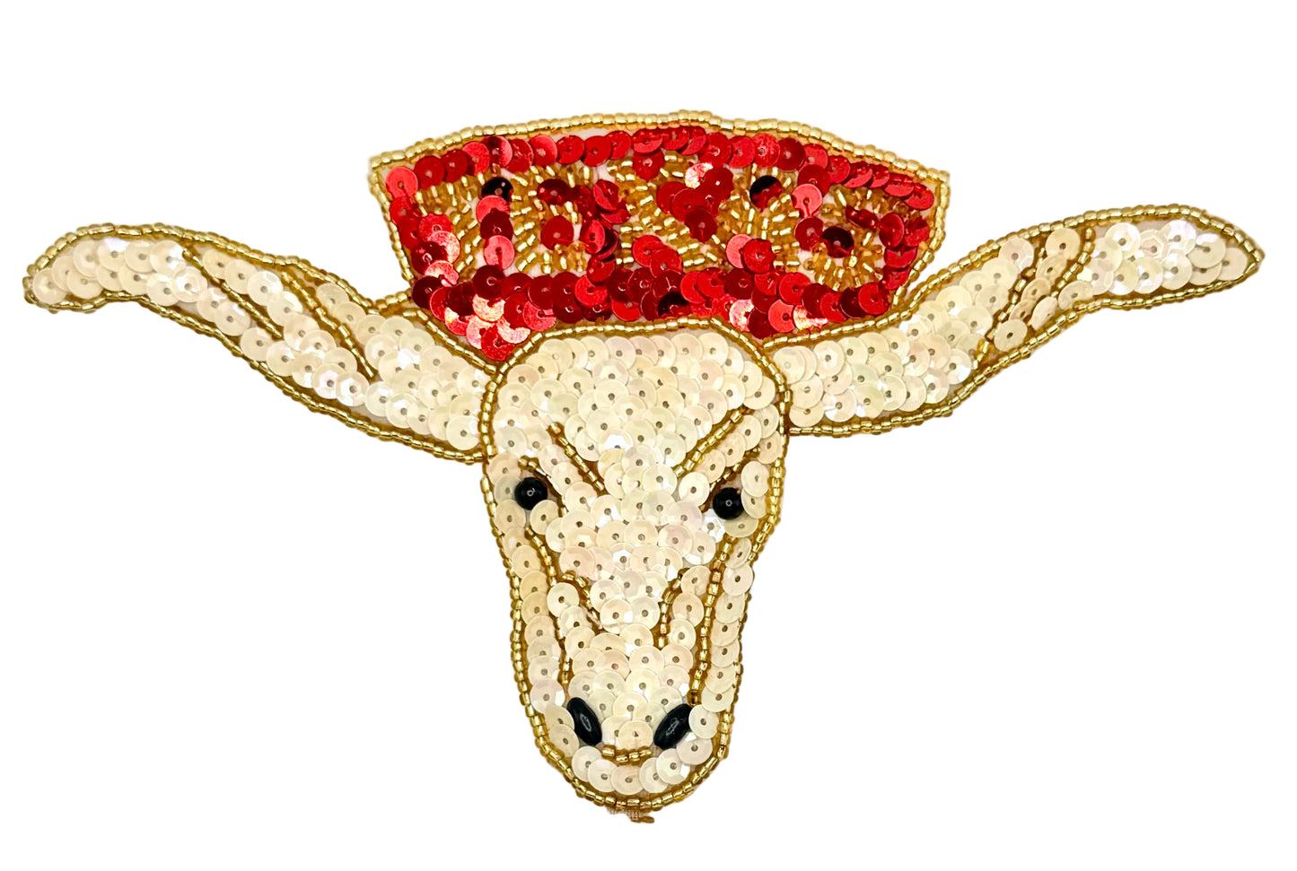 Decorative patch of a longhorn steer head with cream and red sequins on a white background