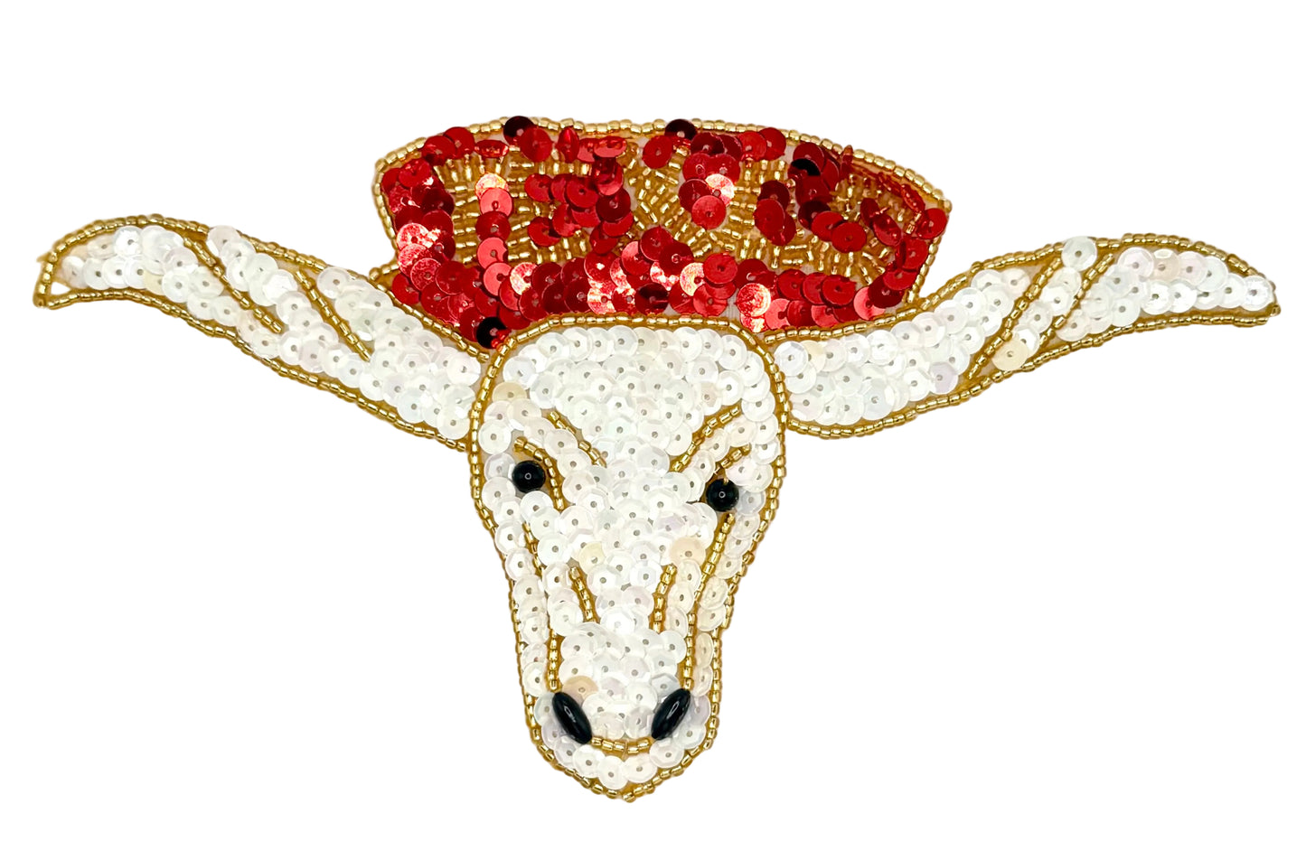 Decorative patch with a longhorn steer design with white and red sequins on a white background