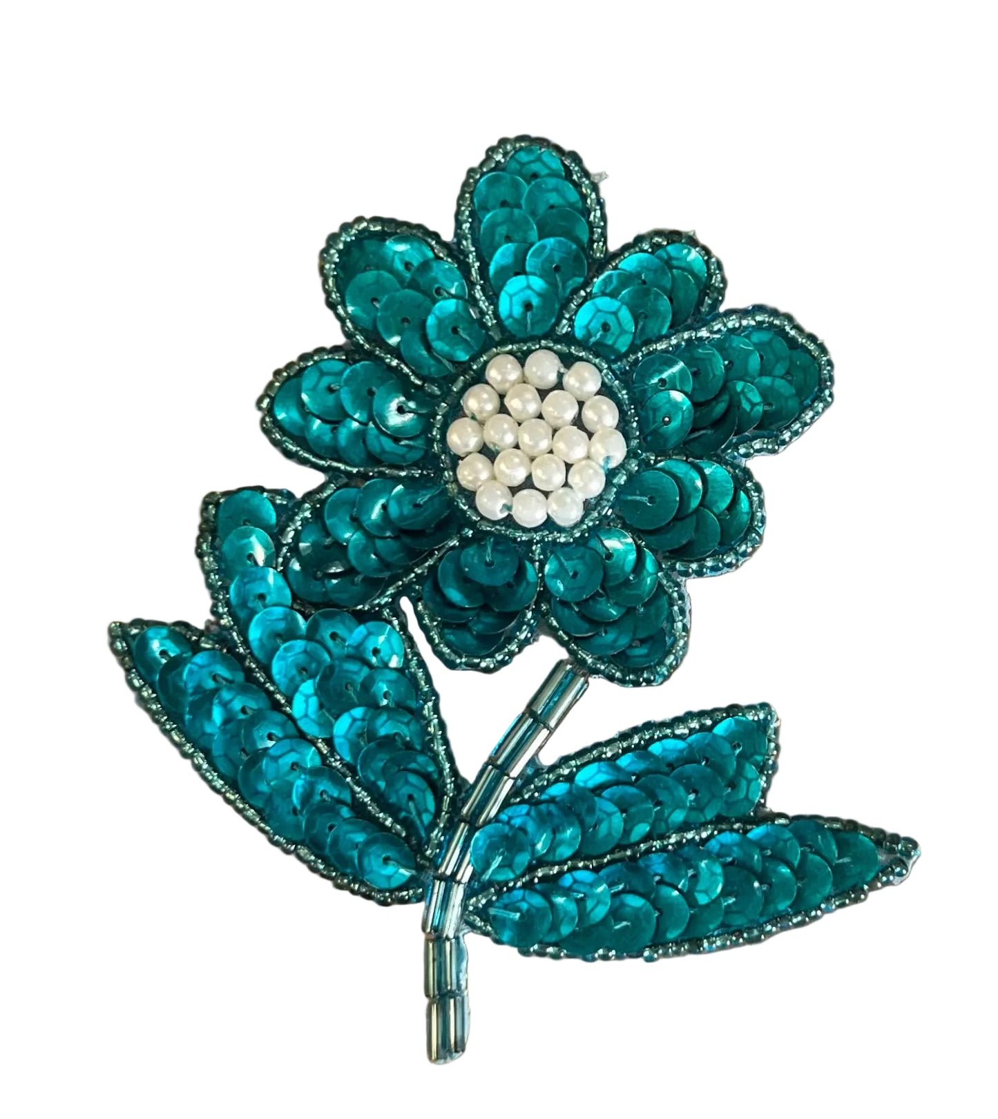 Flower with Turquoise Sequins and Beads 4" x 3.5"