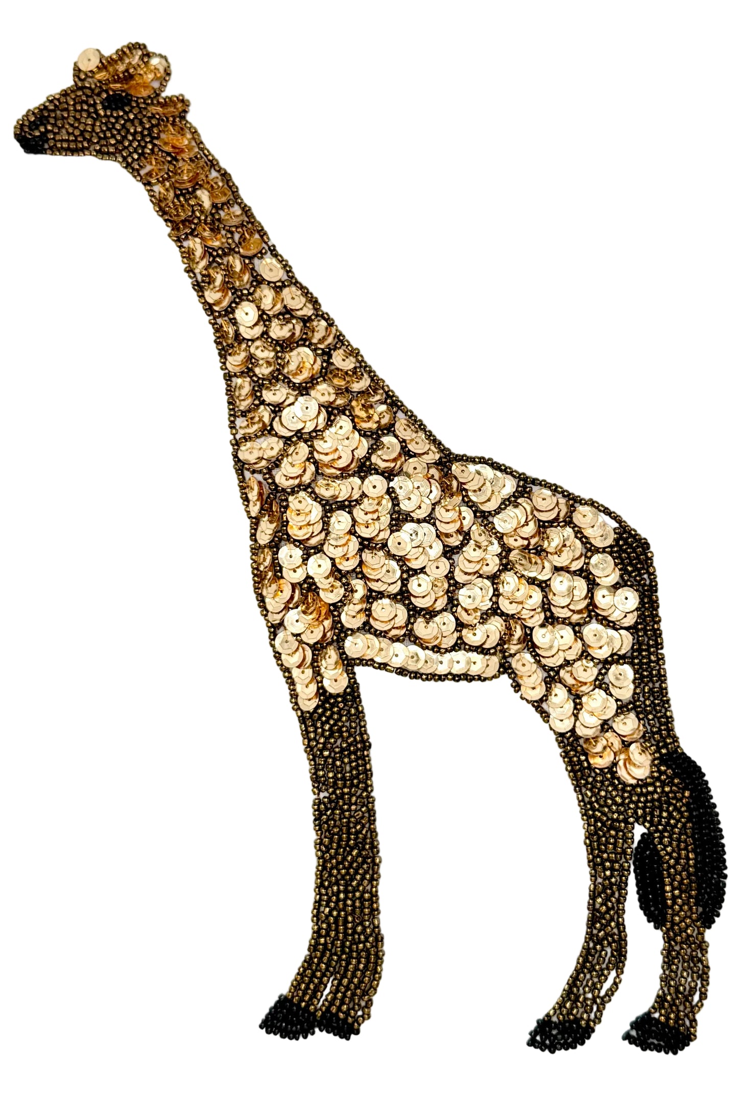 Decorative giraffe figure made of beads and sequins on a white background