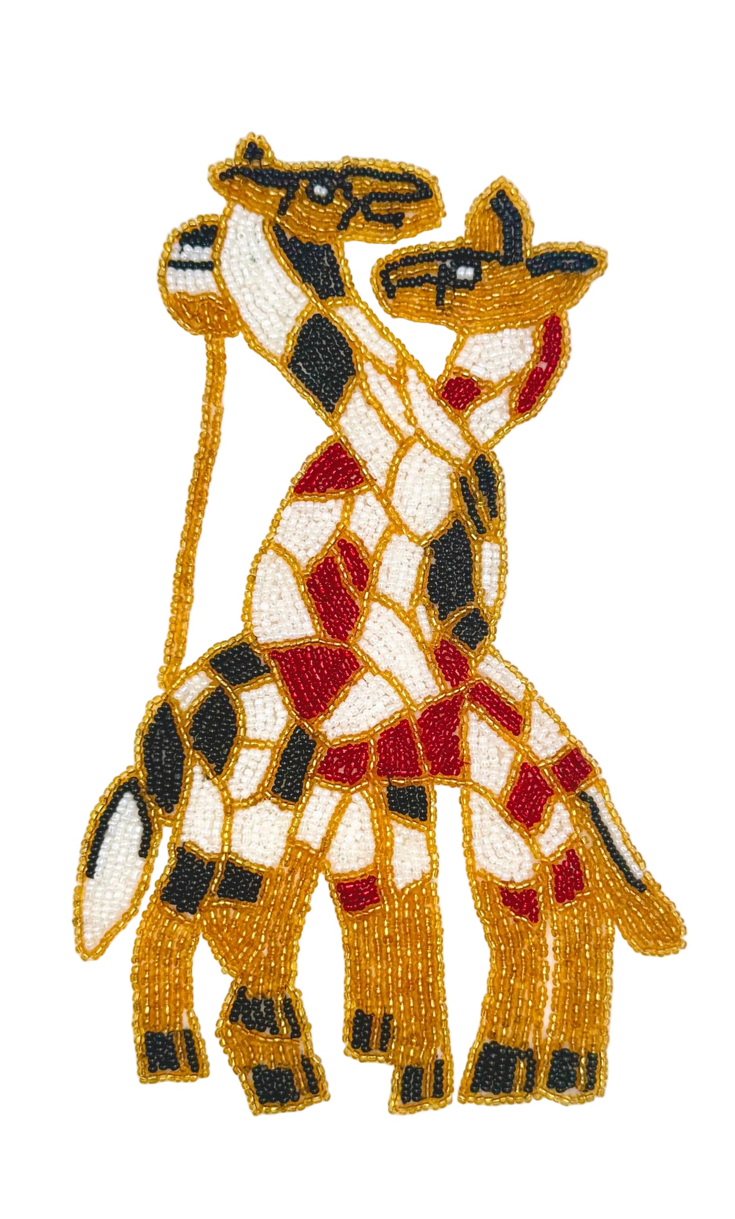 Decorative beaded giraffe design on a white background