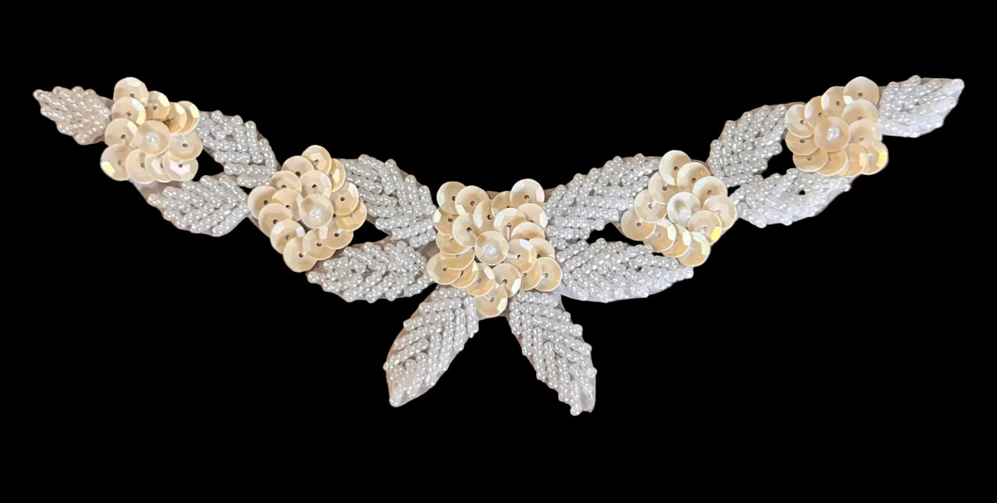 Flower Neck Line with Cream Sequins and Silver Beads 7" x 2"